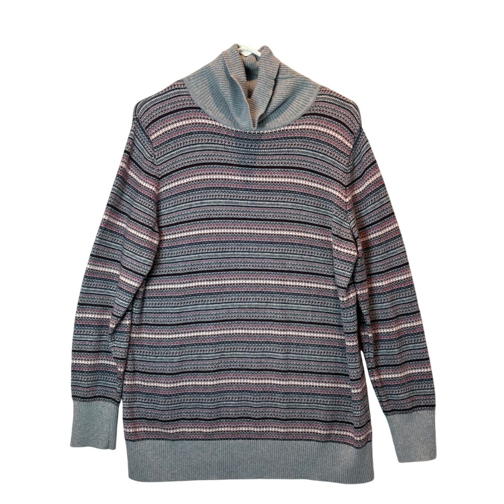 LL Bean Cotton Cashmere Fair Isle Nordic Turtleneck Sweater Womens XL Grey